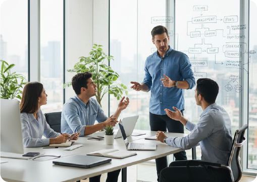 Colleagues in a meeting smiling